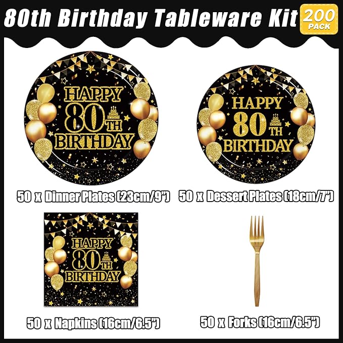Kepeel 200Pcs 80th Birthday Party Tableware Set, Back in 1946 Birthday Party Decorations Supplies for Men Women Cheers to 80 Years Disposable Paper Plates Napkins Forks Favors, Serve 50