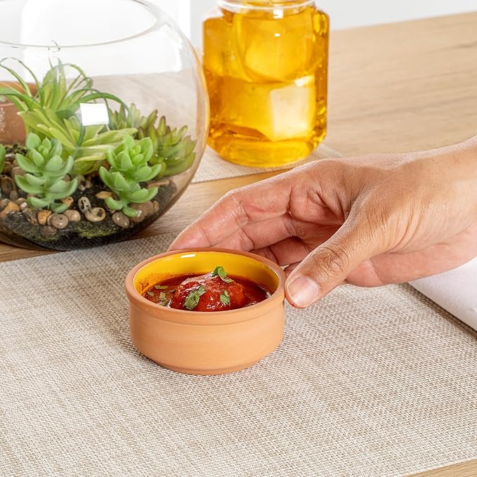 Restaurantware-Terra Tek 2.7 Ounce Terracotta Cazuelas, 2 Yellow Glazed Clay Pots For Cooking - Oven-Ready, Microwavable, Terracotta Serving Pots, Dishwashable, For Cooking And Serving