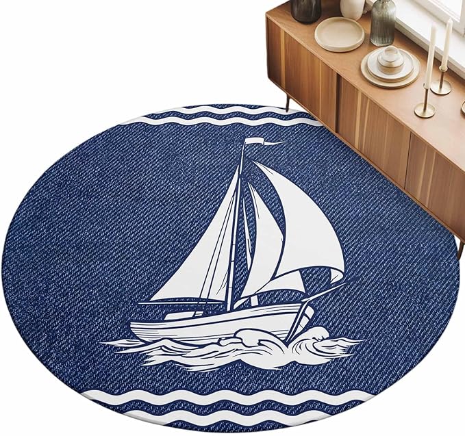 Washable Round Area Rug Nautical Sailing Boat on Steel Blue Circle Rugs Floor Carpet for Living Room Bedroom, Vintage Water Waves Soft Non Slip Round Rug 3ft