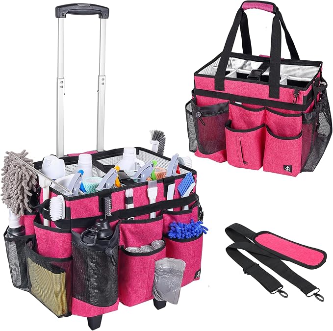 Extra large Rolling Cleaning caddy bag Built-in Hard Support Board,Cleaning Cart with Detachable Trolley, Housekeeping Cleaning caddy with Adjustable Shoulder Strap and Multiple Storage Pockets