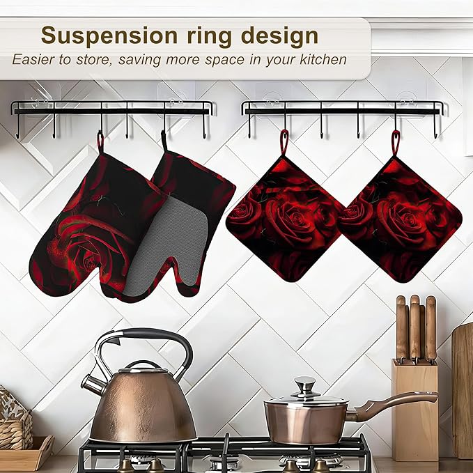 Red Rose Oven Mitts and Pot Holders Set of 4,Kitchen Glove Heat Resistant Oven Mitts with Non-Slip Silicone for Baking, Cooking, BBQ