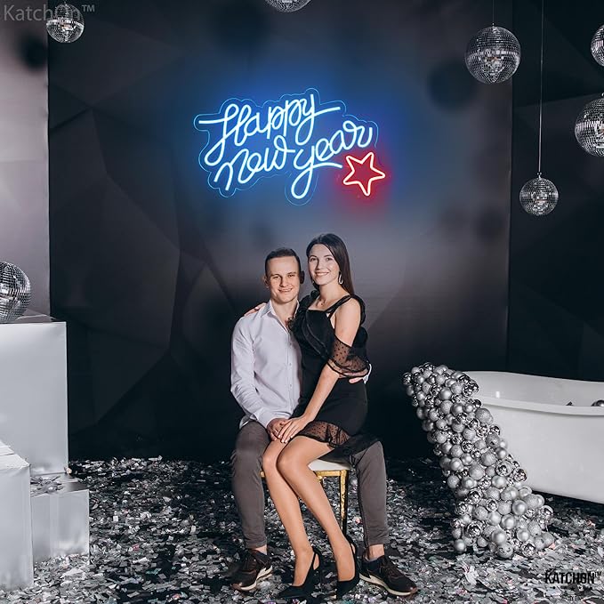 KatchOn, Blue Happy New Year LED Sign - 16x10 Inch | Happy New Year Neon Sign | Happy New Year Lighted Sign for New Years Eve Party Supplies 2026 | Happy New Year Light Up Sign for New Years Decorations 2026