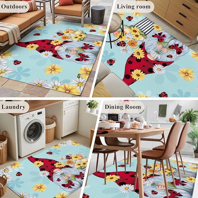 Area Rug 3x5ft, Summer Ladybug Gnome Daisy Flower Washable Rugs for Living Room Bedroom, Watercolor Bloom Floral on Blue Soft Non-Slip Area Rugs Rectangle Floor Carpet for Dining Room