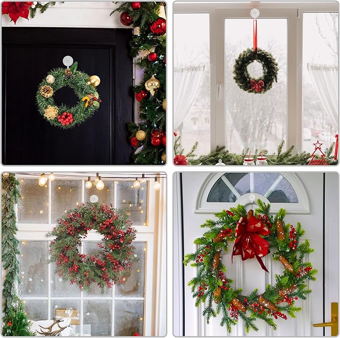 12Pcs Clear Wreath Hanger 22 LB Suction Cup Hooks Reusable Shower Suction Cup Hook Wall Window Bathroom Plastic Vacuum Hooks Wreath Holder for Glass Doors Christmas Decorations Wreath Lights Stockings