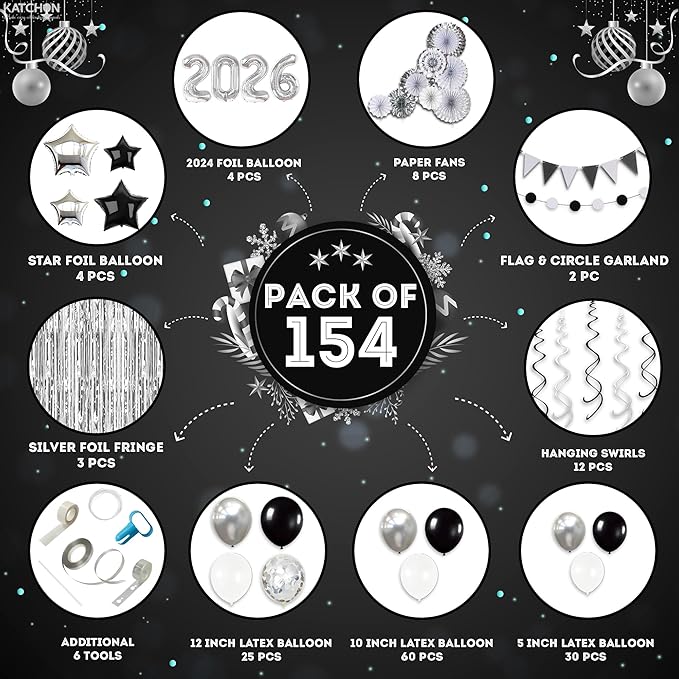 KatchOn, Huge New Years Eve Party Supplies 2026 - Huge Pack of 154 | Silver Fringe Backdrop | 2026 Balloons | Star Balloons For New Years Decorations 2026| NYE Decorations 2026 | New Year Party Decor