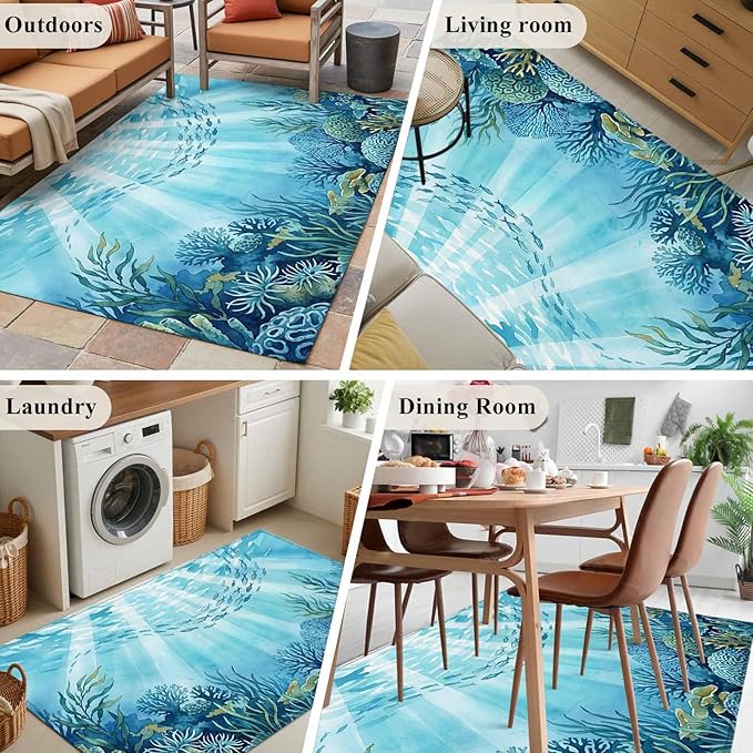 Area Rug 3x5ft, Underwater World Coral Seaweed Washable Rugs for Living Room Bedroom, Seafloor Ocean Life Fish Soft Non-Slip Area Rugs Rectangle Floor Carpet for Dining Room