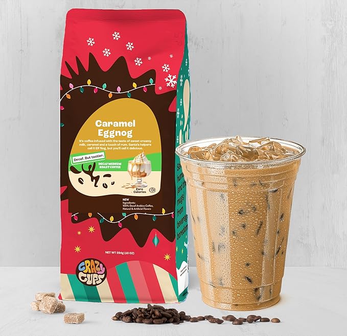 Crazy Cups Flavored Ground Decaf Eggnog Coffee, Decaffeinated Caramel Eggnog in 10 oz Bag, For Brewing Flavored Hot or Iced Coffee, (Pack of 1)