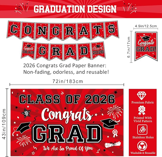 Graduation Decorations Class of 2026 - Red Graduation Party Supplies with Congrats Grad Backdrop & Banner, Hanging Swirls, Porch Sign, Balloons for High School & College Celebrations