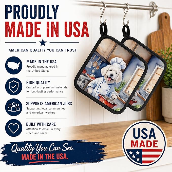 Caroline's Treasures Kuvasz The Chef Pair of Pot Holders Kitchen Heat Resistant Pot Holders Sets Oven Hot Pads for Cooking Baking BBQ, 7 1/2 x 7 1/2