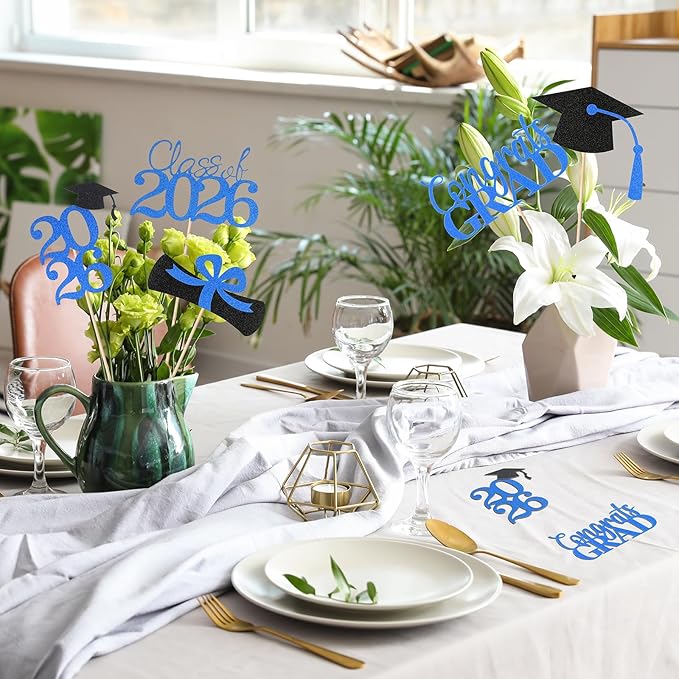Graduation Decorations 2026, 20 PCS Sparkling Black and Blue Double-Sided Centerpiece Sticks for Tables, Class of 2026 Table Toppers and Party Supplies