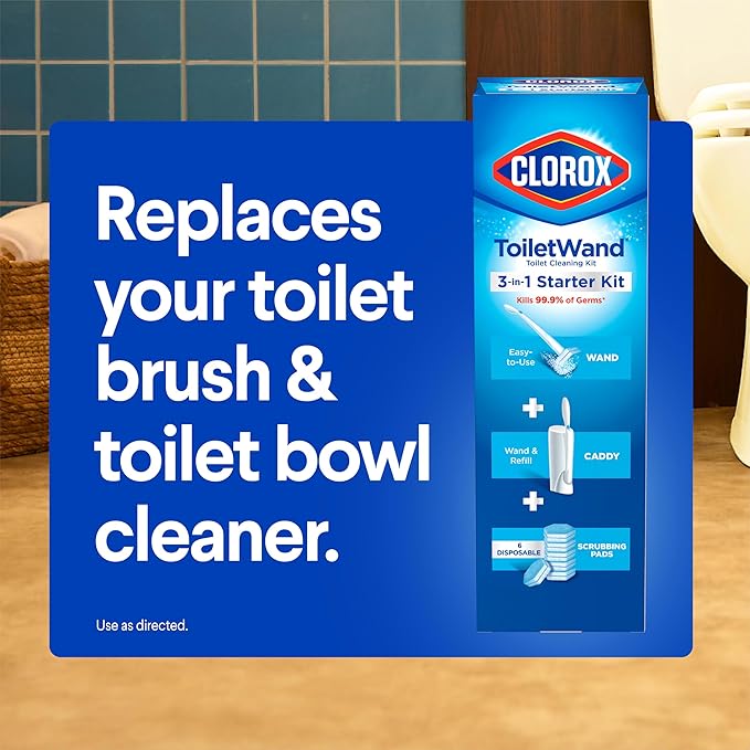 Clorox ToiletWand Disposable Toilet Cleaning System, ToiletWand, Storage Caddy, Toilet Bowl Cleaner, 16 Disinfecting ToiletWand Refills Scrubbing Pads