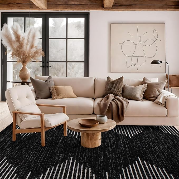 Rugshop Bohemian Stripe Stain Resistant High Traffic Living Room Kitchen Bedroom Dining Home Office Area Rug 5' x 7' Black