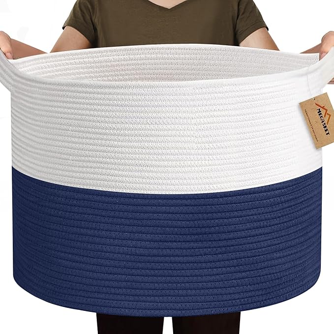 MEGASKET 115L Super Large Blanket Basket, Cotton Rope Woven Bin for Toy, Clothes, Laundry, Shoes, Toy Box for Living Room, Oversized Organizer, XXXL Jumbo Basket for Blankets, 23.6"x15.7", Navy Blue