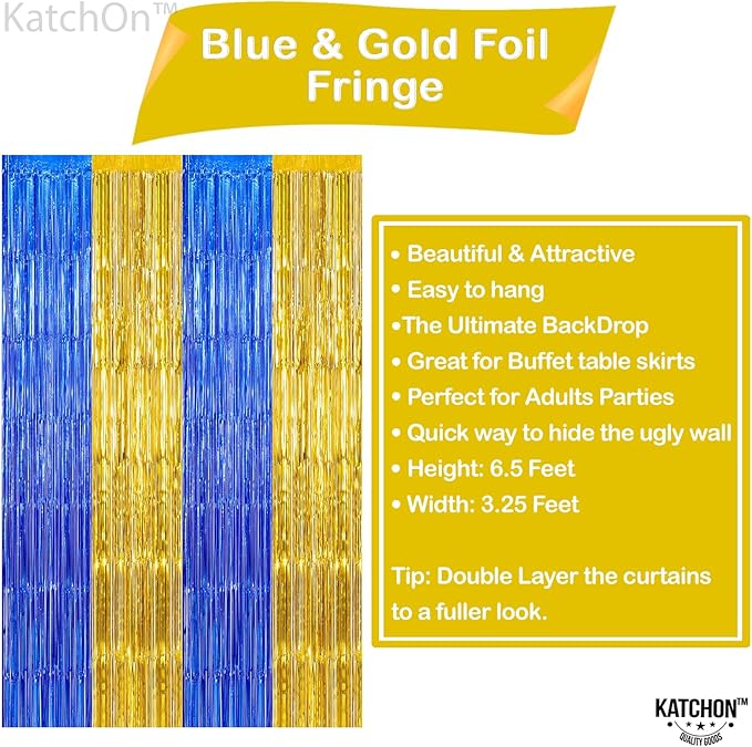 KatchOn, Blue and Gold Fringe Backdrop for Parties - XtraLarge, Pack of 2 | Blue Fringe Backdrop | 2026 Graduation Party Decorations | Graduation Decorations 2026