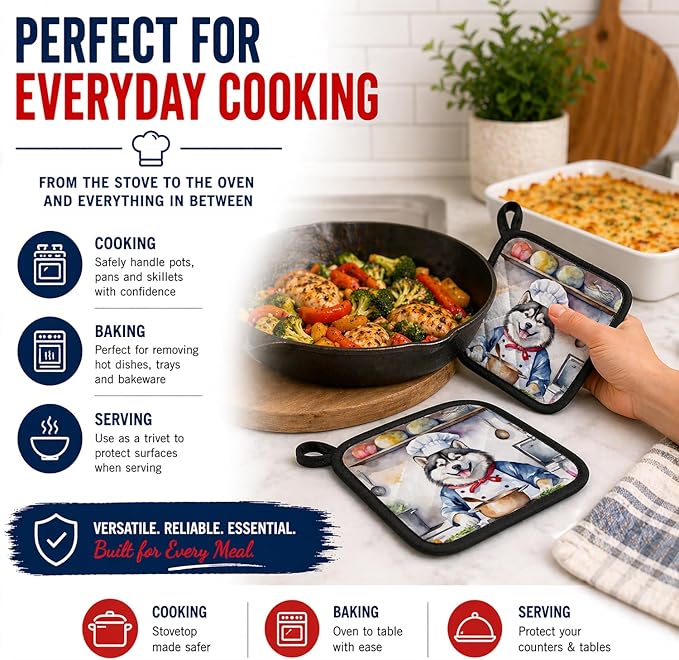 Caroline's Treasures Alaskan Malamute The Chef Pair of Pot Holders Kitchen Heat Resistant Pot Holders Sets Oven Hot Pads for Cooking Baking BBQ, 7 1/2 x 7 1/2