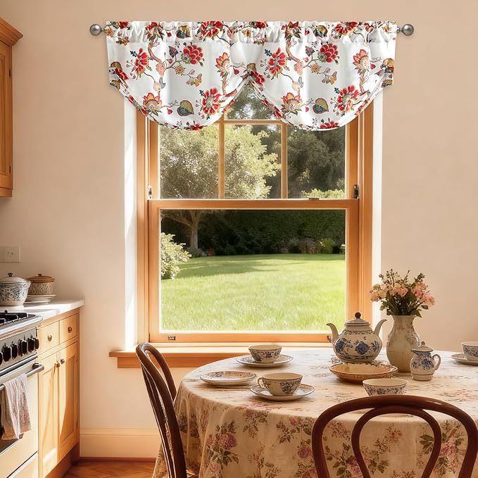 Leeva Red Vintage Floral Pleated Valance, Linen Textured Rod Pocket Curtain Topper for Living Room Windows, Retro Flower Print Farmhouse Window Treatment, 52x14 Inches, Classic Country Style