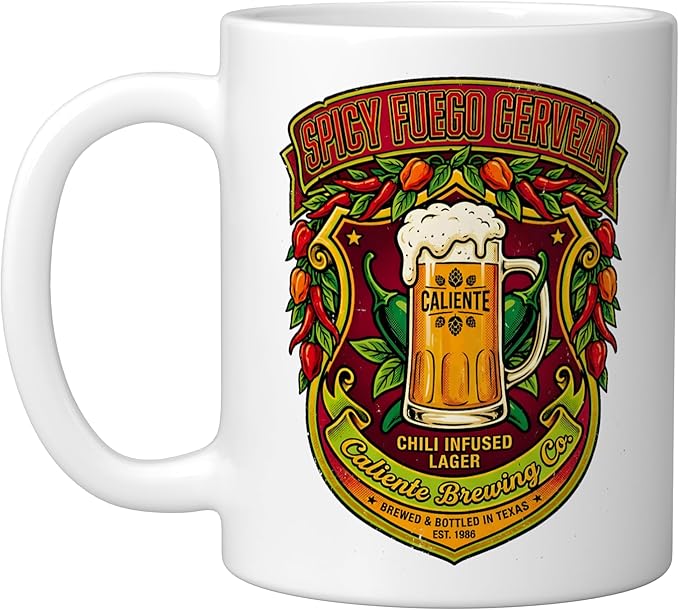 Spicy Fuego Cerveza Chili Texas Drinking Vintage Beer Label Ceramic Mug, White