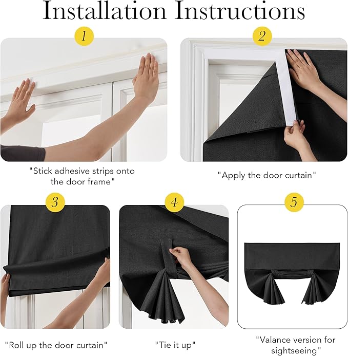 NICETOWN 100% Blackout Linen Side Door Curtains for Small Window, Privacy French Door Curtain 69 Inches Long for Kitchen Living Room, Room Darkening Tie Up Shade, 1 Panel, 12W x 69" L, Black