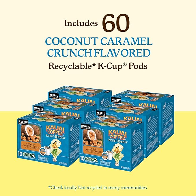 Kauai Coffee K-Cup Pods for Keurig Brewers – Arabica Coffee, 10% Hawaiian – Medium Roast, Nutty Caramel with Tropical Coconut – Coconut Caramel Crunch, 6 Packs of 10 Single Serve K-Cups