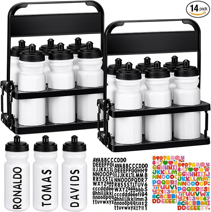 Suclain Water Bottle Carrier with 20 Oz Bottles and Stickers Plastic Wide Mouth Sports Water Bottle Squeeze Team Bottles with Black Lid for Fitness Bike Gym(14 Pcs,White)