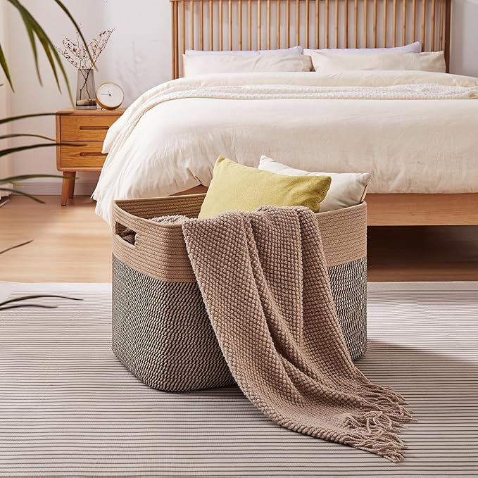OIAHOMY 108L Extra Large Blanket Basket, 25”x16”x16” Laundry Basket, Blanket Storage for Living Room, Dog Toy Storage with Handle - Yellow & Black