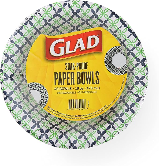 Glad Round Disposable Paper Bowls, Happy Daisies Design - Heavy Duty, Soak-Proof, Cut-Resistant, Microwavable Paper Bowls for All Foods and Daily Use, 16 oz, 40 Count