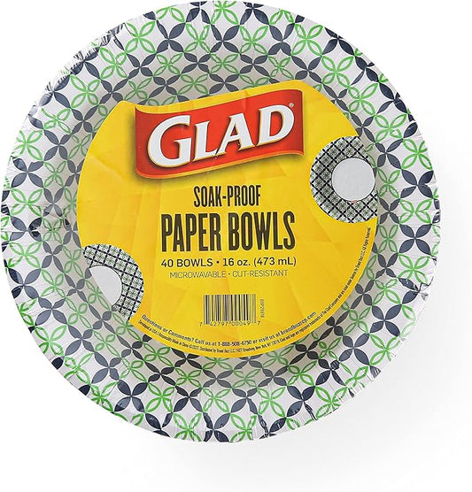 Glad Round Disposable Paper Bowls, Happy Daisies Design - Heavy Duty, Soak-Proof, Cut-Resistant, Microwavable Paper Bowls for All Foods and Daily Use, 16 oz, 40 Count
