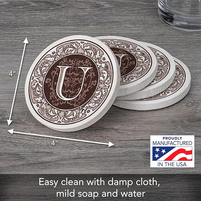 Thirstystone Monogram Letter U Natural Sandstone Coaster 4 Pack Manufactured in The USA Decorative Absorbent Easily Wipes Clean