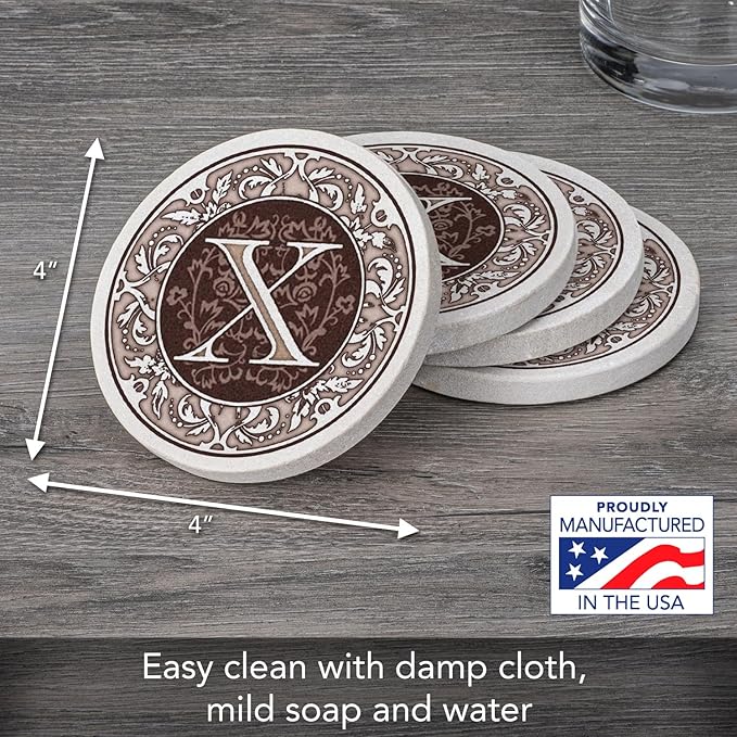 Thirstystone Monogram Letter X Absorbent Sandstone Coaster 4-Pack Manufactured in The USA Decorative, Absorbent, Easily Wipes Clean