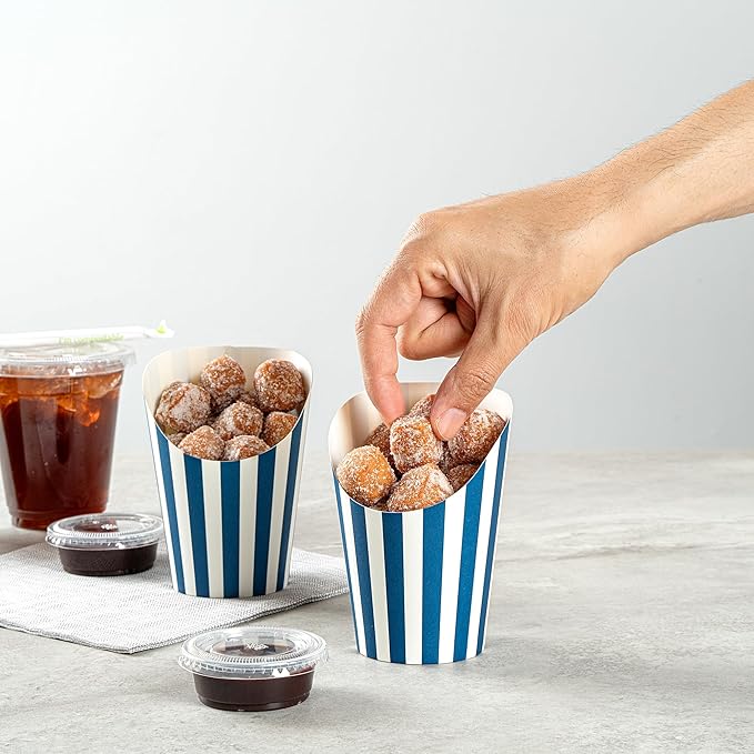 Restaurantware Bio Tek 12 Ounce French Fry Containers 100 Disposable Charcuterie Cups - Incline Design Round Striped Paper French Fry Cups Stackable For Waffles Chips or Popcorn