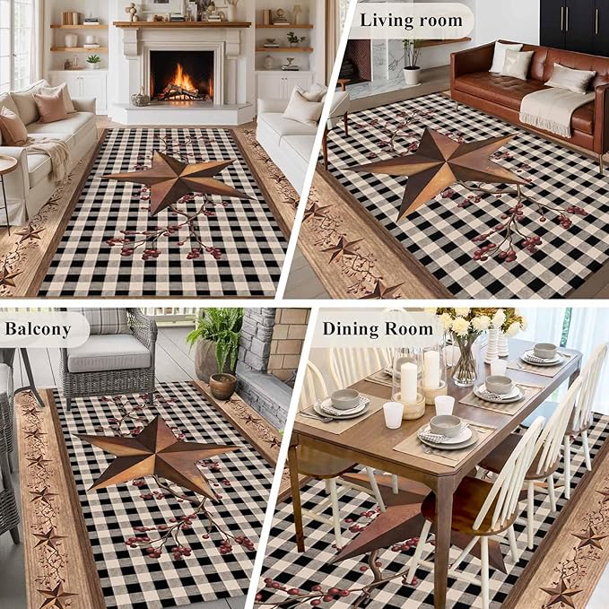 Brown Texas Star Retro 5x7 Area Rugs, Country Star Non-Skid Rubber Backing Large Rectangle Rugs - Living Room Bedroom Home Office, Black White Plaid Wooden Indoor Floor Mat Carpets Washable Rug