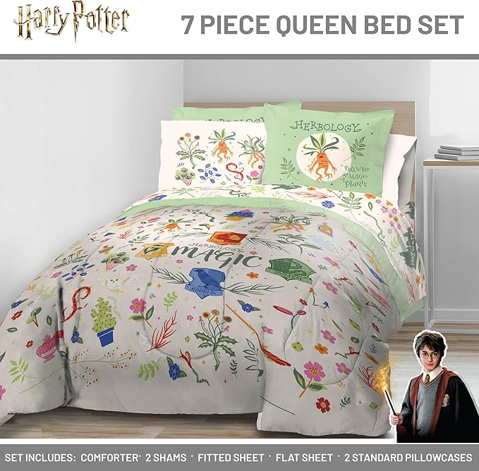 Jay Franco Harry Potter Queen Size Comforter Set - 7 Piece Bedding Includes Sheet Set & Pillow Covers - Super Soft Hogwarts Herbology Bedding