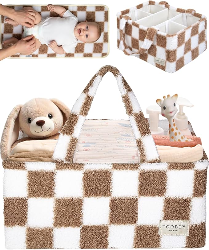 Checkered Diaper Caddy Organizer with Portable Changing Mat - Teddy Fleece Diaper Organizer for Changing Table - Caddy Organizer with Removable Dividers - Light Taupe and White