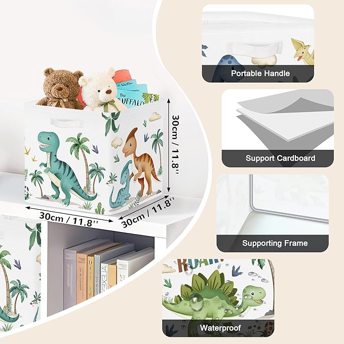 Clastyle 3 Pack 11.8'' Fabric Dinosaur Storage Basket for Shelves Collapsible Closet Organizers with Metal Frame Bottom Board Large Kid Clothes Toy Book Cube Bin for Playroom Bedroom,Boho