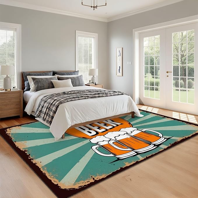 8x10 Area Rugs for Bedroom Boho Washable Man Cave Rug for Living Room Vintage Cold Beer Beer Mugs Retro Sunburst Soft Rubber Backed Non-Slip Large Carpets for Boys