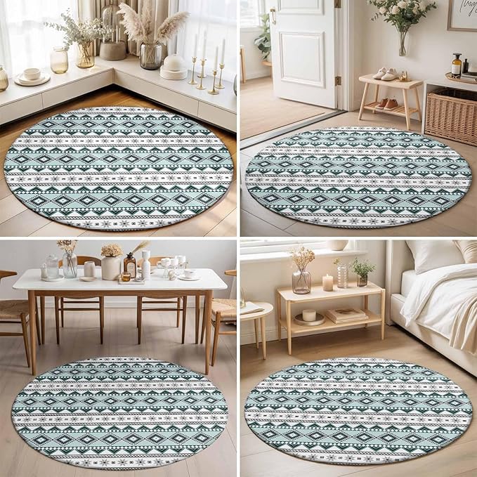 Washable Round Area Rug Boho Diamond Pattern Circle Rugs Floor Carpet for Living Room Bedroom, Ethnic Style Blue Strips Soft Non Slip Round Rug 3ft
