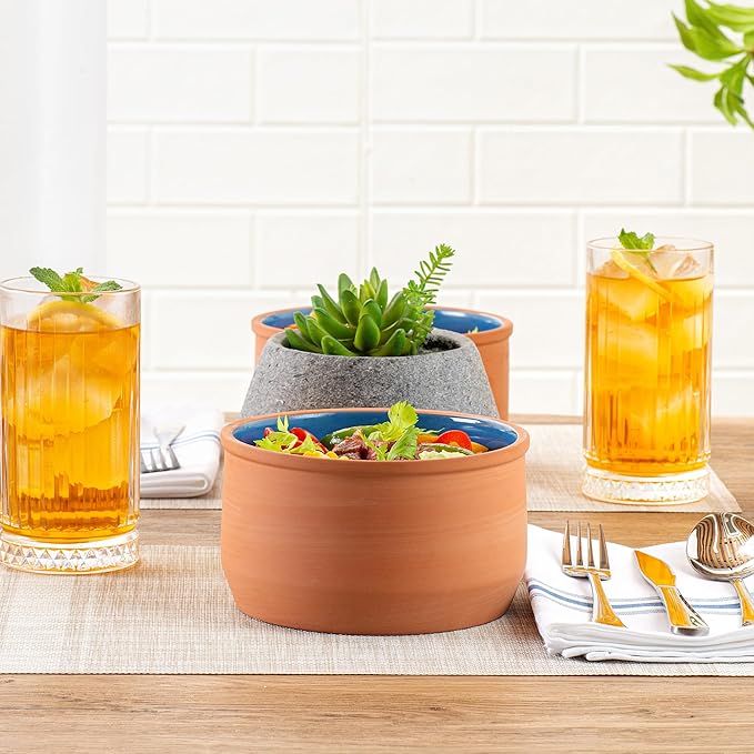 Restaurantware-Terra Tek 34 Ounce Terracotta Cazuelas, 2 Blue Glazed Clay Pots For Cooking - Oven-Ready, Microwavable, Terracotta Serving Pots, Dishwashable, For Cooking And Serving