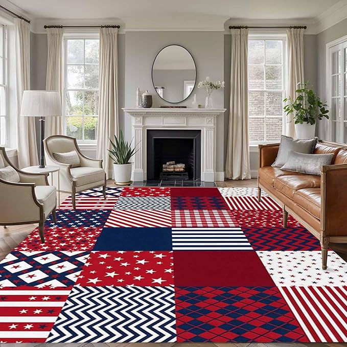 Area Rug 9x12ft, Abstract Splicing Stars Stripes Washable Rugs for Living Room Bedroom Rectangle Floor Carpet, Independence Day Red Blue White Soft Non-Slip Area Rugs for Dining Room