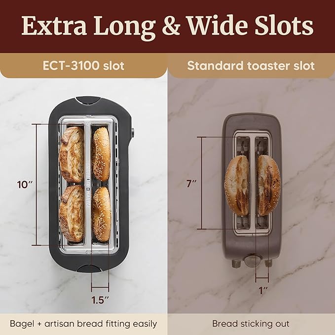 Elite Gourmet ECT-3100 4-Slice Long Slot Toaster | Extra Wide Slots for Bagels, Sourdough & Texas Toast | 6 Browning Settings | Reheat, Defrost & Cancel | Built-In Warming Rack | Stainless Steel