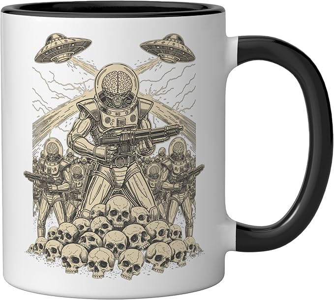 Alien Brain Soldier Retro Sci Fi Saucer Art Ceramic Mug, Black/White