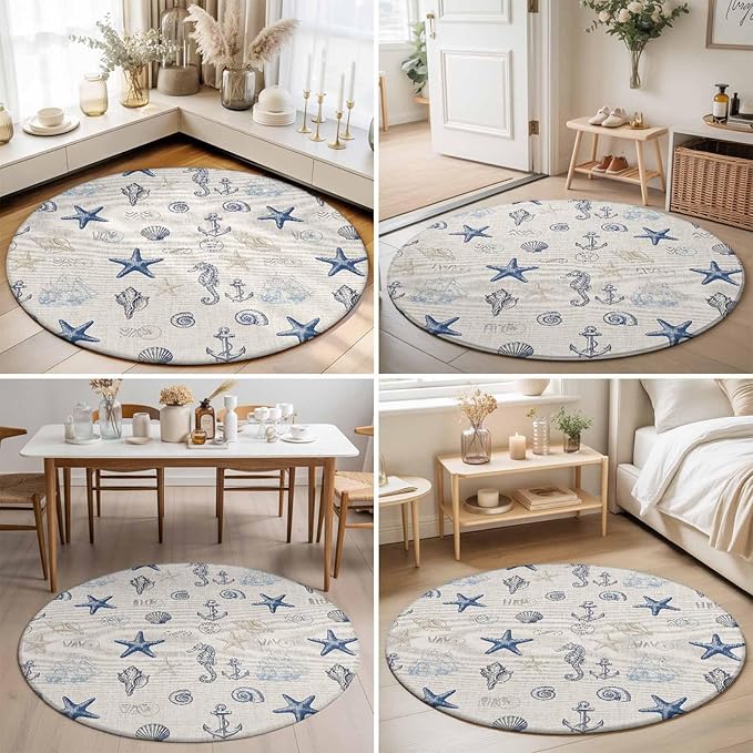 Washable Round Area Rug Coastal Seahorse Starfish Shell Conch Circle Rugs Floor Carpet for Living Room Bedroom, Vintage Nautical Anchor Soft Non Slip Round Rug 3ft