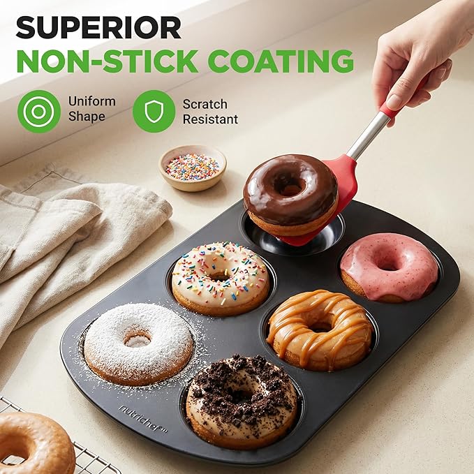 NutriChef Nonstick Donut Pans for Baking | 6 Durable & Easy to Clean Doughnut Molds | Fits Full-Sized Doughnuts | Oven Safe Up To 450F | Bake Perfect Donuts & Bagels | 12.5 x 8.5 Donut Trays | 4 Pack