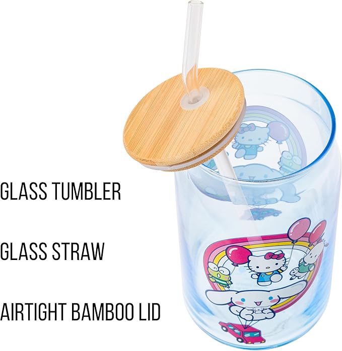 Silver Buffalo Sanrio Hello Kitty & Friends Floating Car Balloons Featuring Cinnamoroll, Pochacco, and Keroppi Glass Jar Tumbler with Bamboo Lid and Glass Straw, 16 Ounces