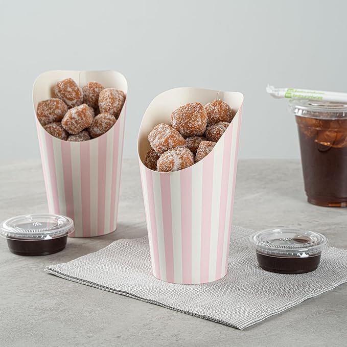 Bio Tek 16 Ounce French Fry Containers, 100 Disposable Charcuterie Cups - Incline Design, Round, Striped Paper French Fry Cups, Stackable, For Waffles, Chips, or Popcorn - Restaurantware