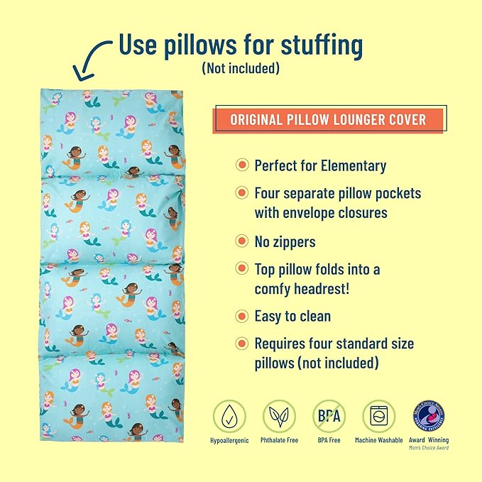 Wildkin Kids Pillowcase Lounger Cover – Travel-Friendly Sleepover Lounger, Fits Standard Pillows (Pillows Not Included), Soft Cotton Blend, Fun Patterns for Boys & Girls - Mermaids