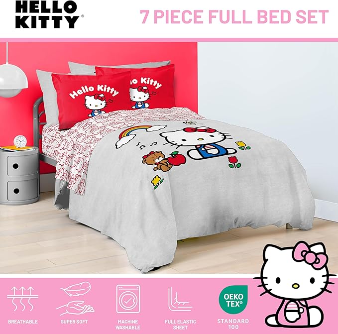 Jay Franco Sanrio Hello Kitty Full Size Comforter Set - 7 Piece Red & Grey Bedding Includes Sheet Set & Pillow Covers - Super Soft Cozy Kawaii Bedding