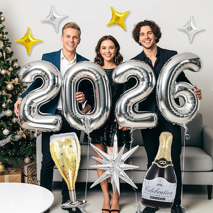 Silver 2026 Balloons, 40 Inch Number 2026 Silver Foil Balloons, Gold Silver Star Balloon Champagne Bottle Glass Balloon for Happy New Years Eve Party Supplies 2026 Class of 2026 Graduation Decorations