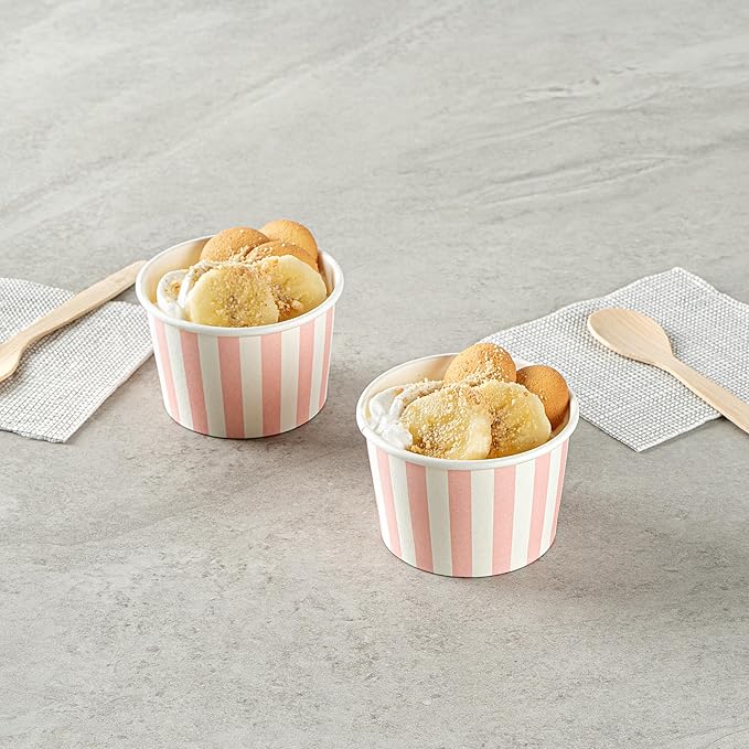 Restaurantware-Coppetta 4 Ounce Dessert Cups, 200 Disposable Ice Cream Cups - Lids Sold Separately, Heavy-Duty, Pink And White Paper Frozen Yogurt Bowls, For Hot And Cold Foods