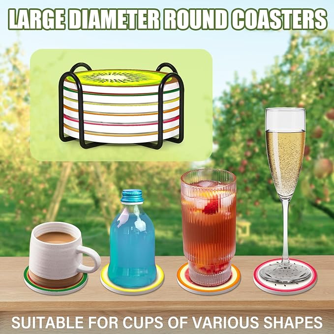 Coasters for Drinks Set of 6, Cute Fruits Round Ceramic Coasters Summer Fruit Kitchen Decor with Cork Base and Metal Holder, Non-Slip Tabletop Protection Mat for Mugs Cups Coaster, Housewarming Gift