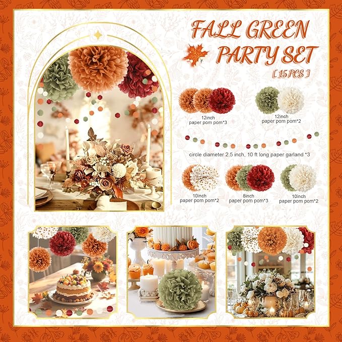 NICROLANDEE Fall Wedding Decorations - 15 PCS Pumpkin Orange Sage Green Ivory Tissue Pom Poms Decor, Dots Paper Garland for Thanksgiving, Baby Shower, Autumn Harvest Party Supplies